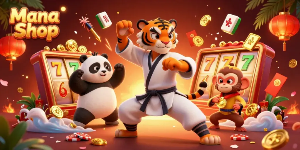 Die Mana Shop-Illustration zeigt einen Meister und Schüler in einem lebhaften Casino-Szenario mit Glückssymbolen.