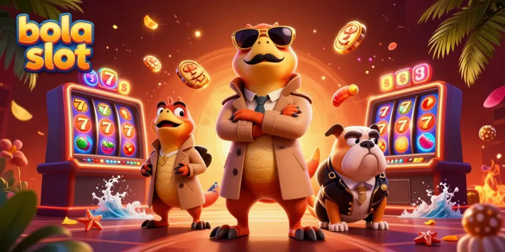 Raptors in a trench coat entering a VIP casino, showcasing exciting bola slot games.
