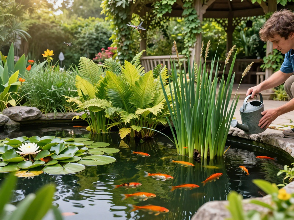 Pond plants thriving in a tranquil garden pond with a gardener nurturing aquatic life.