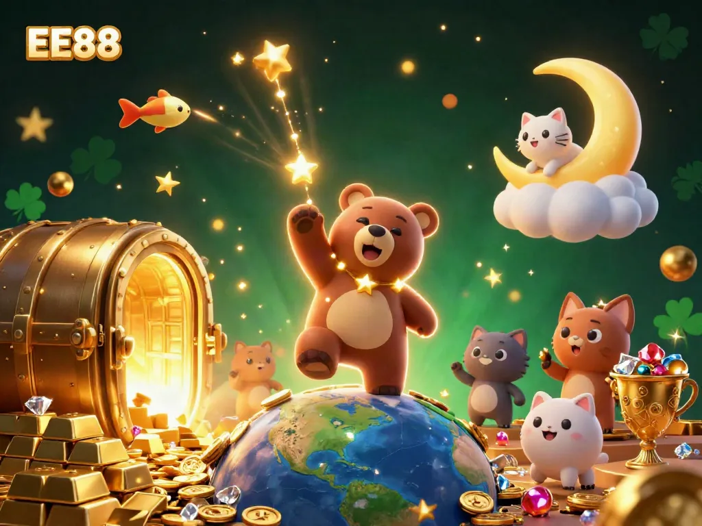 Experience the magic of EE88 casino with a cartoon bear and treasures in a vibrant scene.