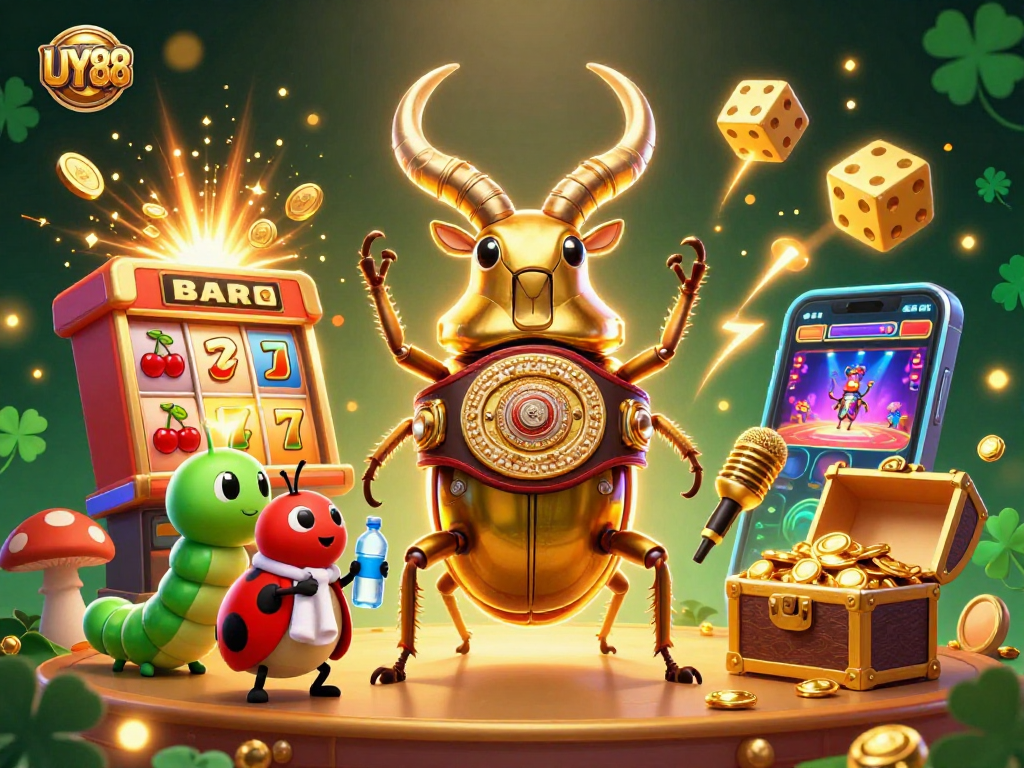 Win big with UY88 at the exciting casino scene featuring a giant golden stag beetle and a jackpot explosion.