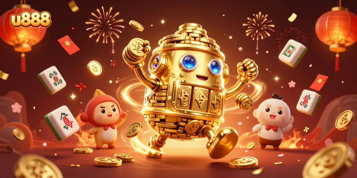 Celebrate big wins at u888 with a golden coin golem and vibrant casino elements!