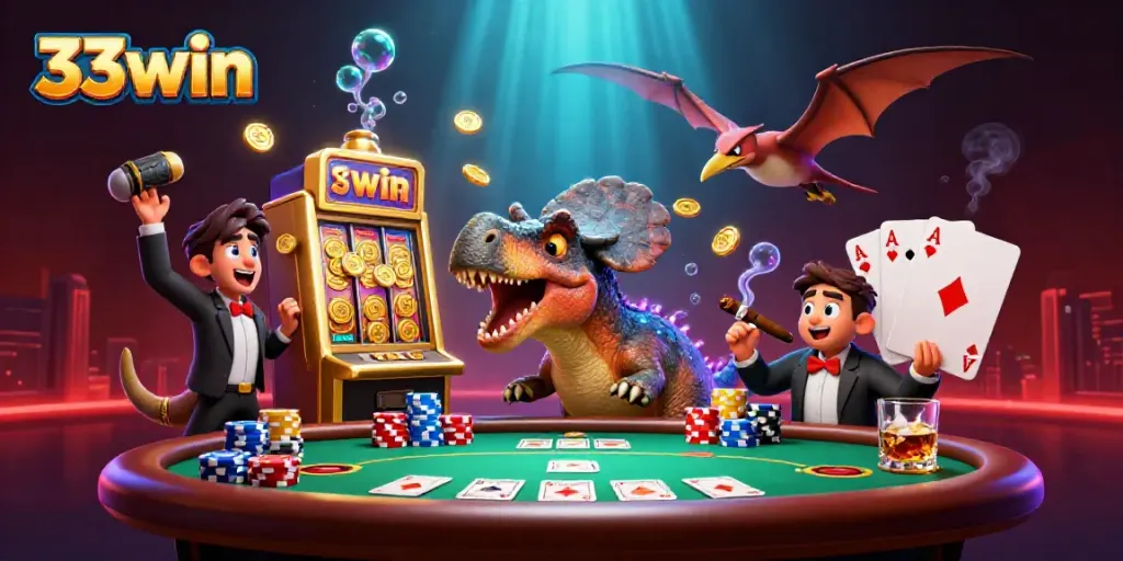 Experience thrilling action at 33win as cartoon characters celebrate jackpot wins amidst colorful casino elements.