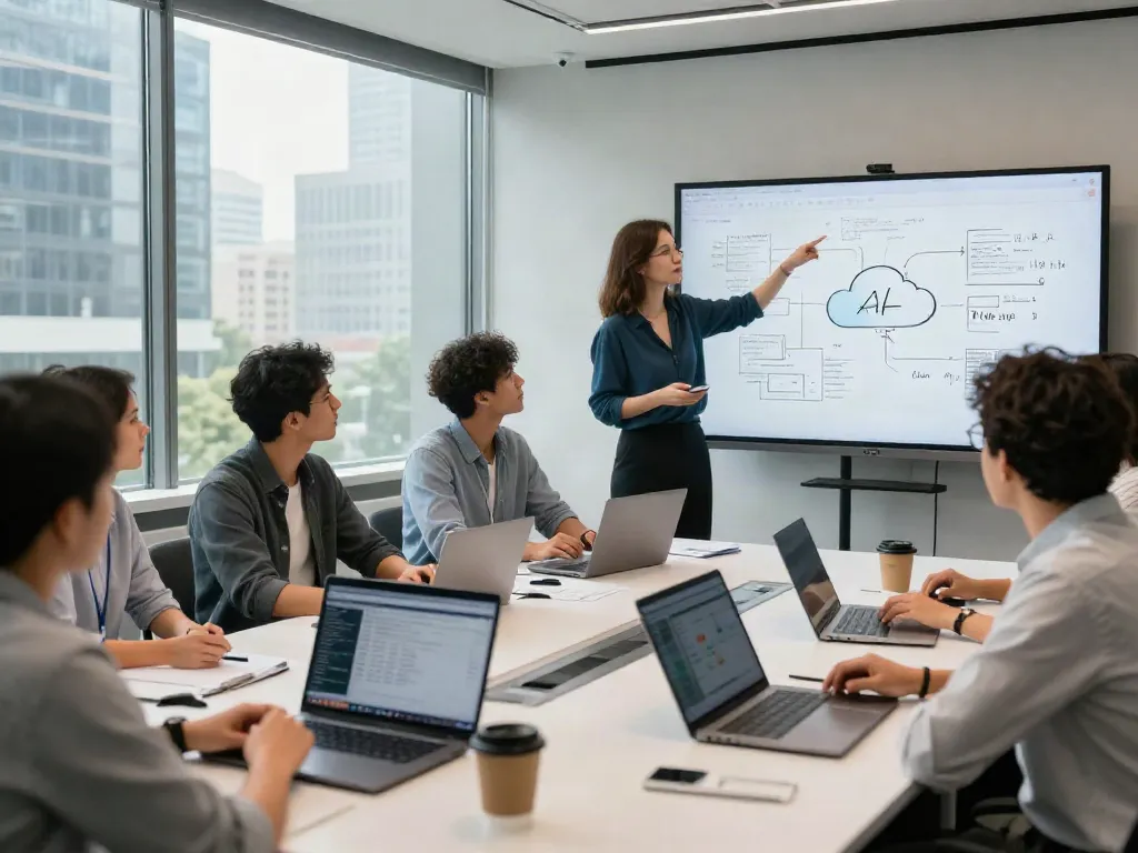 Team collaborating on tech innovation at elligilgal.com in a modern conference room.