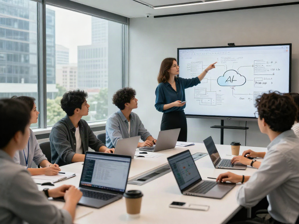 Team collaborating on tech innovation at elligilgal.com in a modern conference room.
