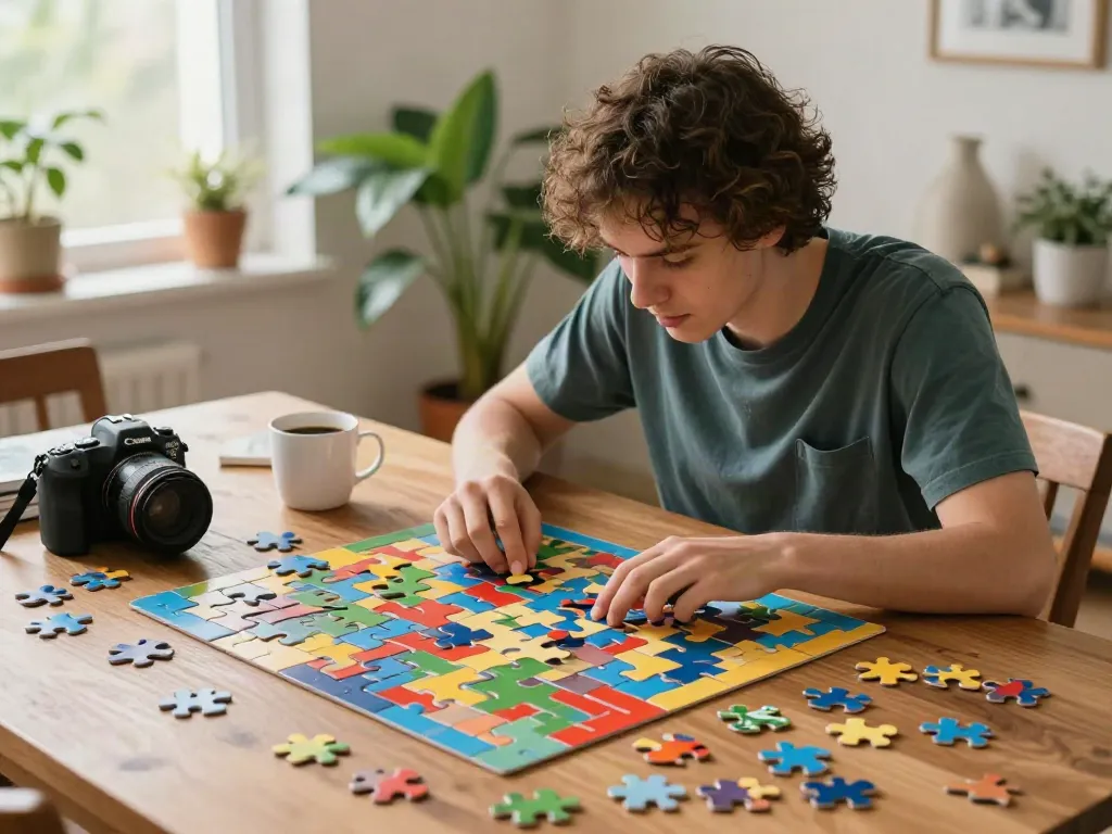 Engaging puzzle-solving moment on solveloom.com with scattered pieces and coffee.