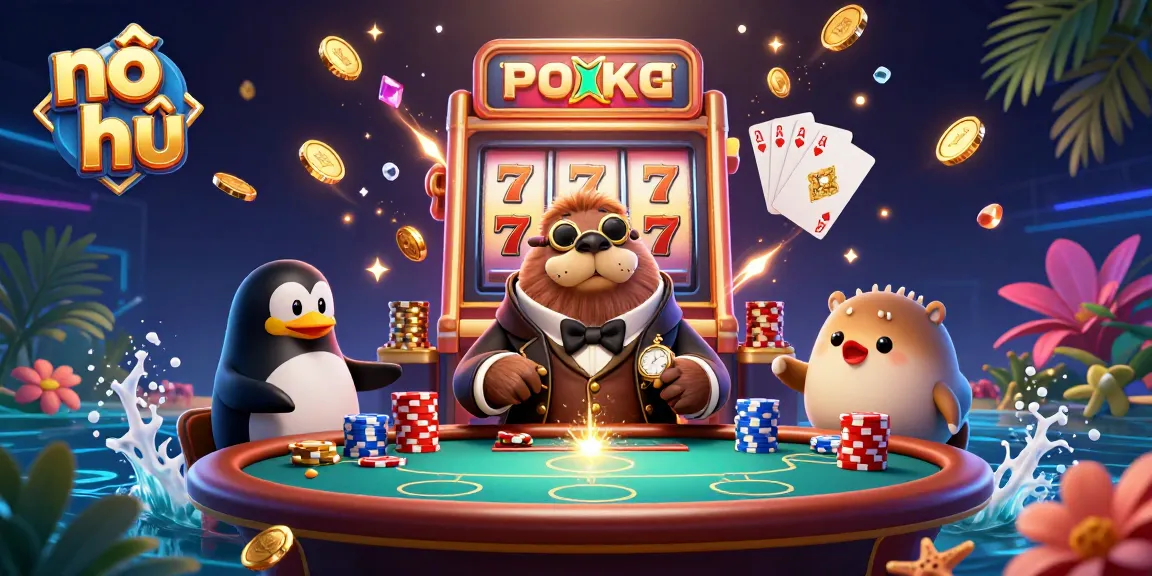 Nổ hũ slot machine spins as a walrus, penguin dealer, and pufferfish bluff in an underwater casino scene.