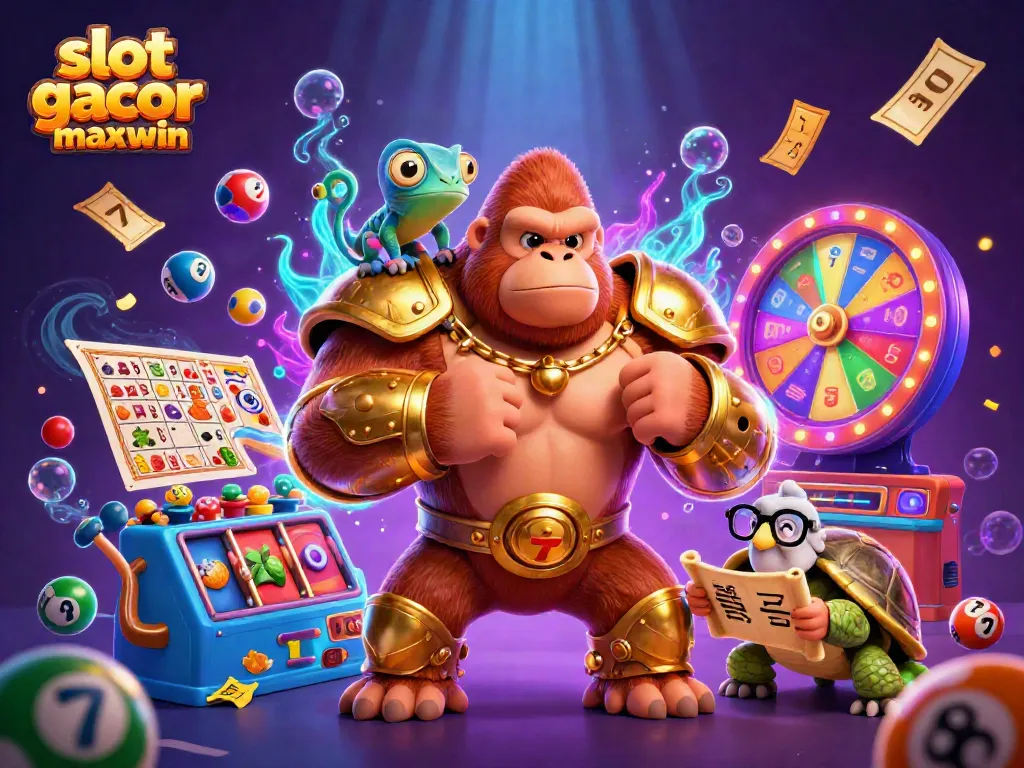 Engage with slot gacor maxwin in a vibrant 3D illustration, featuring a gorilla king and dynamic game elements.