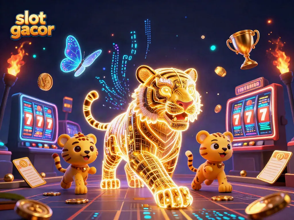 Experience the thrill of slot gacor games with a neon tiger and vibrant casino elements.