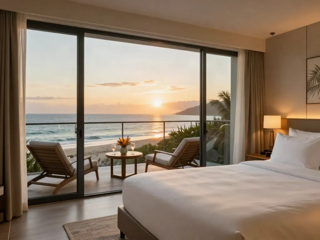 Luxury hotel linen supplier showcasing a serene hotel room with ocean views