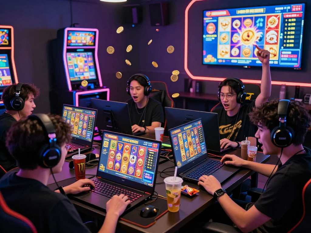 Permainan slot gacor online dengan pemain bersemangat di lounge modern, menampilkan antusiasme dan interaksi.