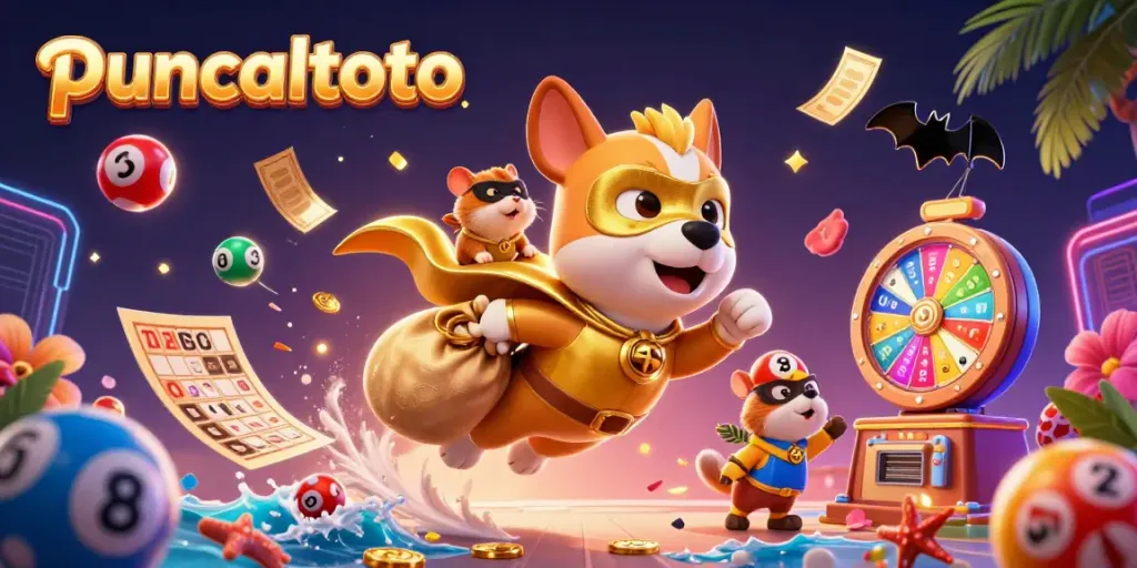 Menggandakan pengalaman puncaktoto dengan simbol poker chip dan karakter kartun yang memikat di tengah suasana lotere yang cerah.