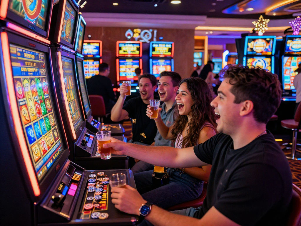 Excited players celebrating a slot jackpot win in a vibrant casino.