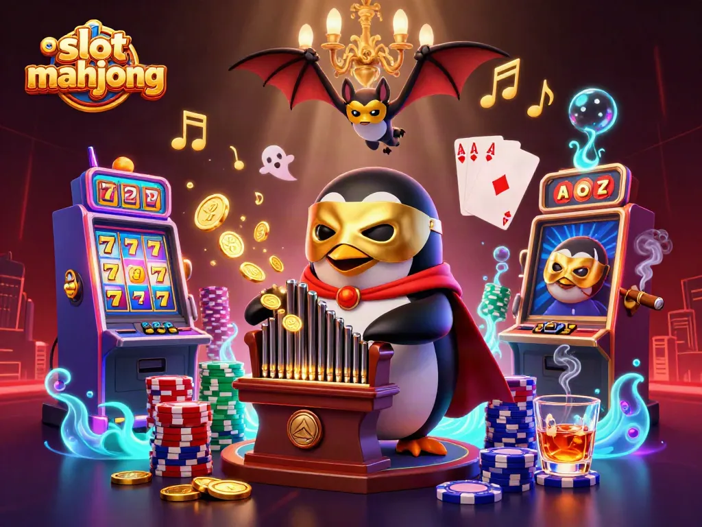 Experience slot mahjong excitement with a dynamic scene showcasing a cartoon penguin playing for golden rewards.