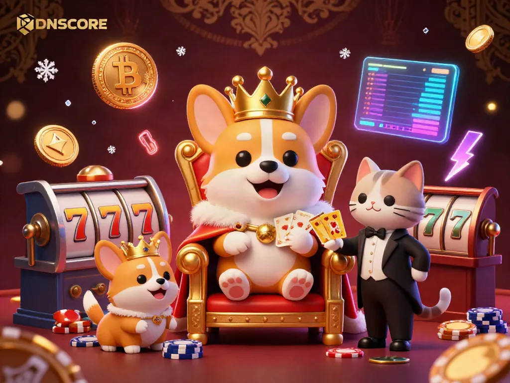 Experience IDNSCORE's royal gaming with a majestic corgi on poker chip throne amidst vibrant casino elements.