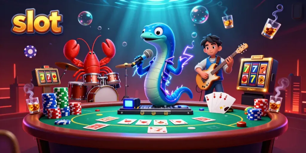 Experience thrilling slots in this vibrant underwater casino scene with a DJ electric eel and band.