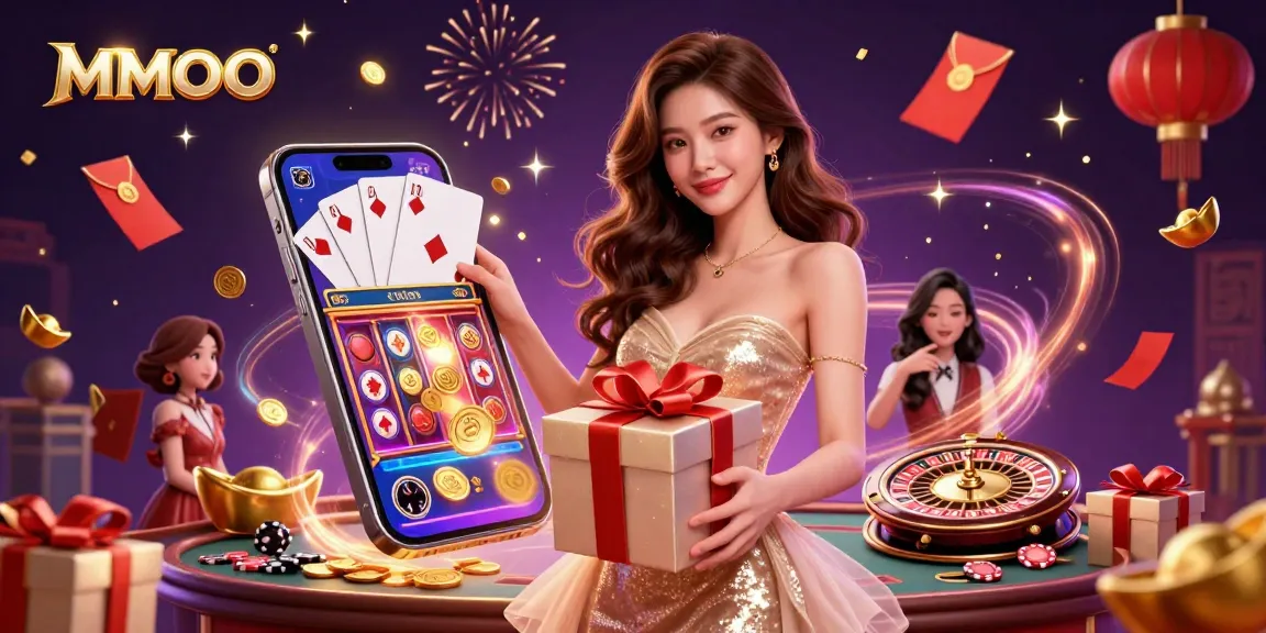 Engage with MMOO's festive Lunar New Year casino scene filled with vibrant gambling elements and joy.