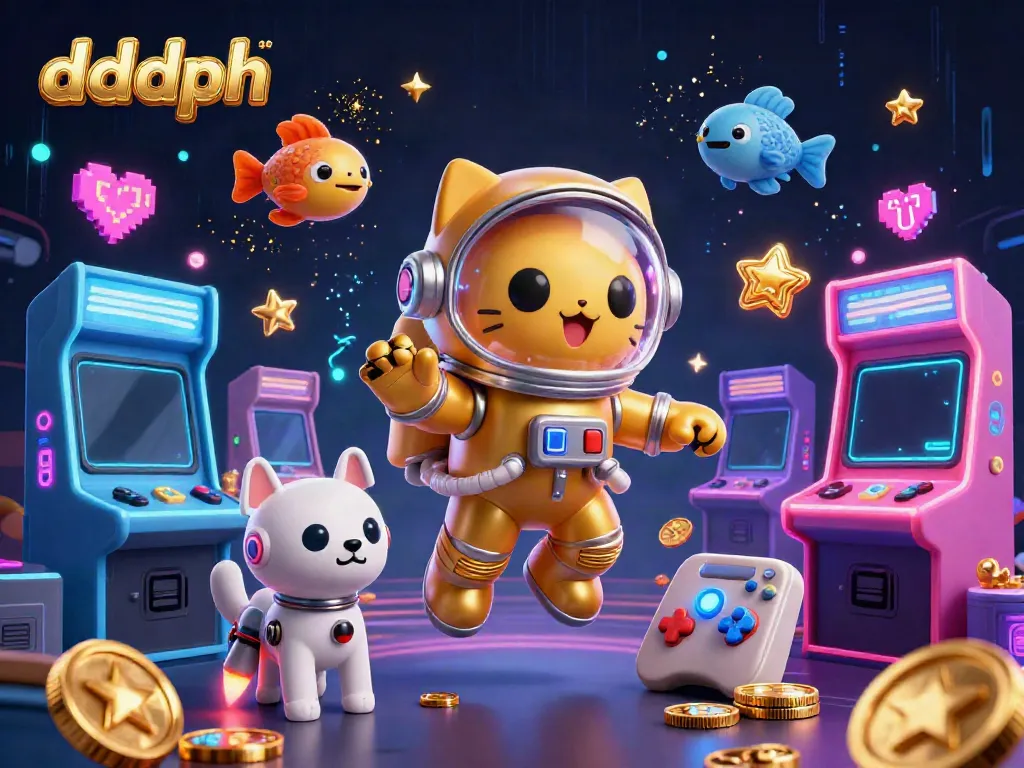 Engage in thrilling gameplay with dddph, featuring a whimsical scene of a floating astronaut cat and robot dog.