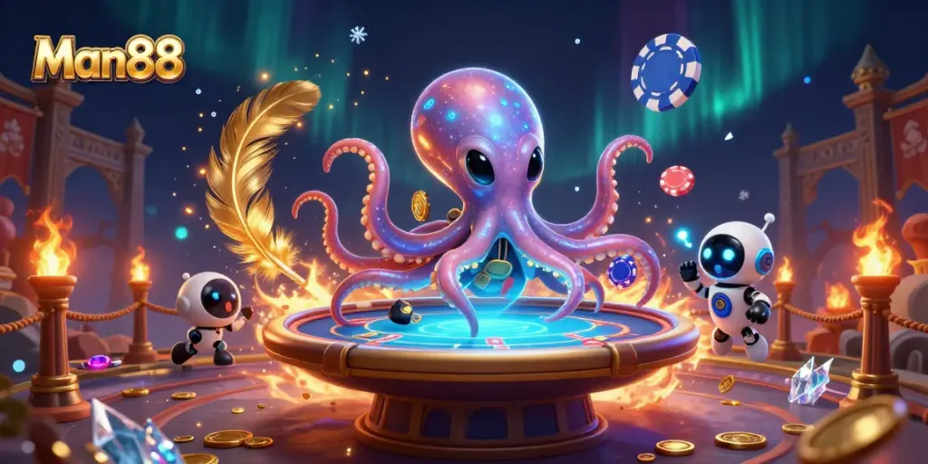 Experience thrilling gaming action at Man88 with a vibrant scene of an alien octopus running a poker table.