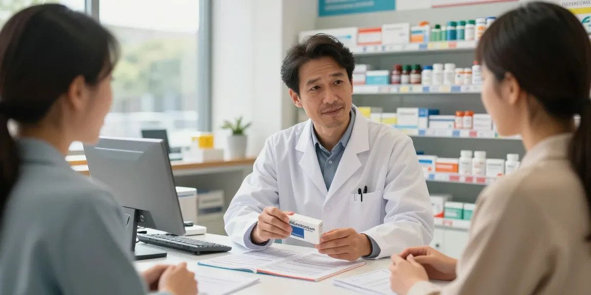 Vxperten pharmacist assisting customer with health products in a modern pharmacy.
