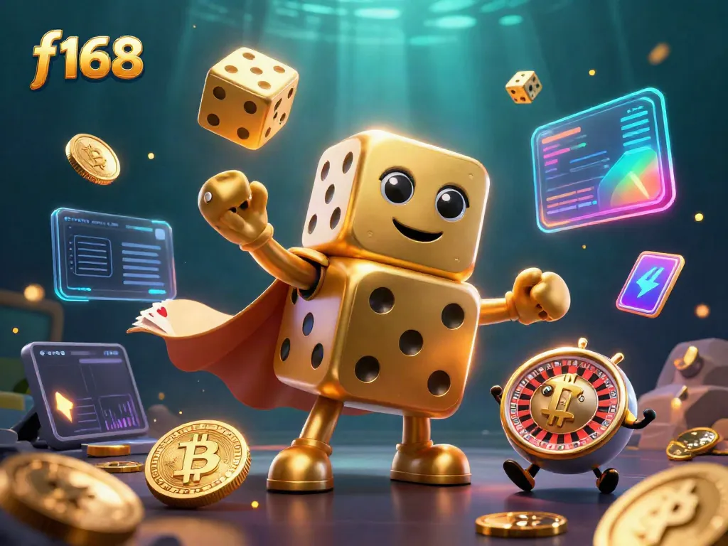 Experience the innovative world of f168 as a golden dice golem juggles winning coins and cards.