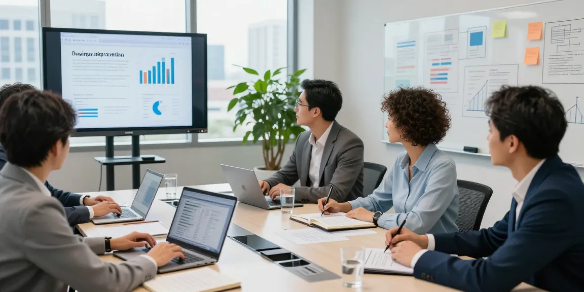 Collaborative team discussing buying a business in a modern office setting