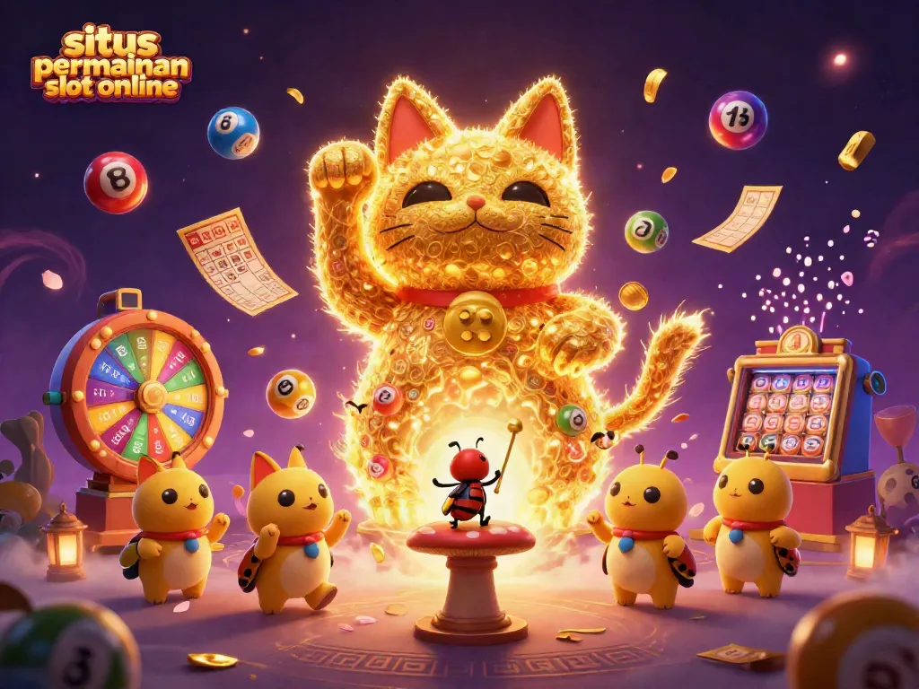 Visualisasi mendalam tentang situs permainan slot online dengan kucing keberuntungan dan elemen kasino.