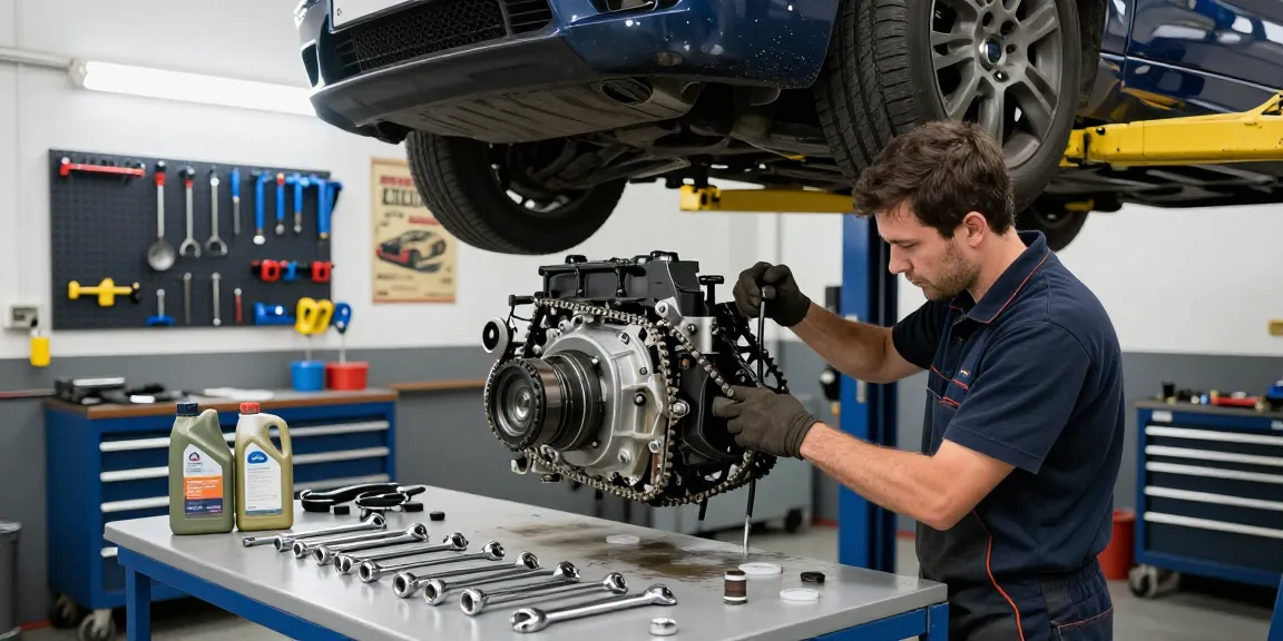 Mechaniker bei der Überprüfung der BMW Steuerkette während des Austausches in einer Werkstatt.