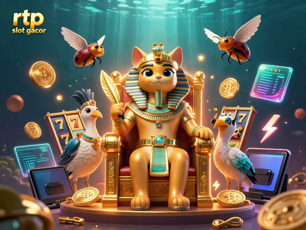 RTP slot gacor dengan slot reels dan simbol keberuntungan dalam ilustrasi digital menggemaskan.