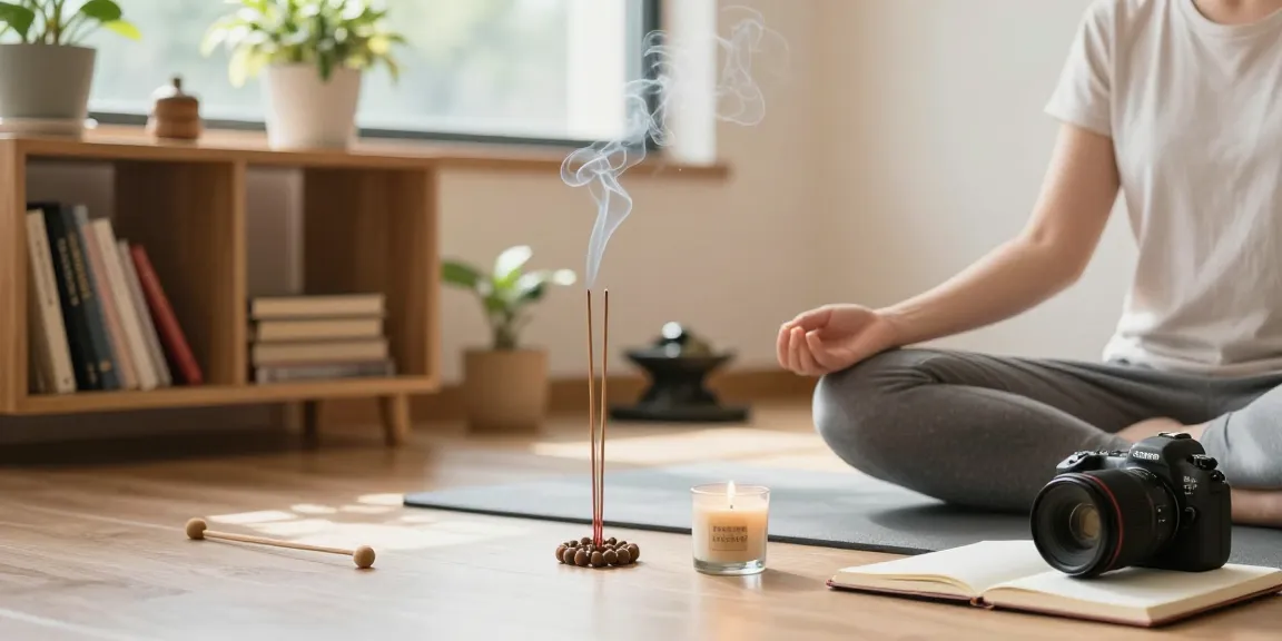 hem-incense-sticks-review in a serene meditation space with incense and plants.