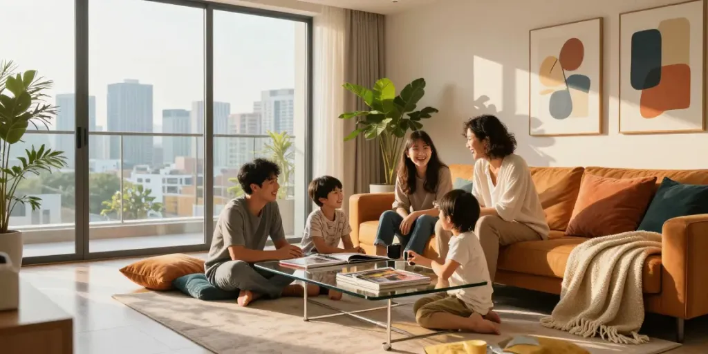 Vibrant interior of a new launch condo with family enjoying time together, showcasing stylish design.