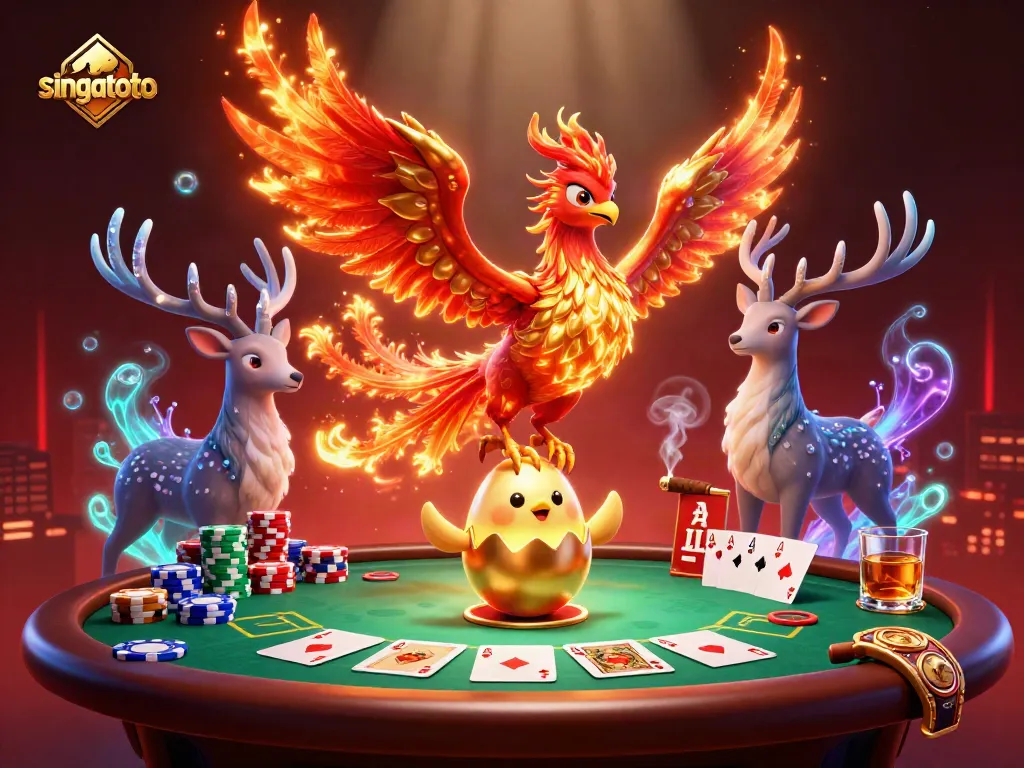 Engage with singatoto's vibrant poker scene featuring a fire phoenix and dynamic casino elements.