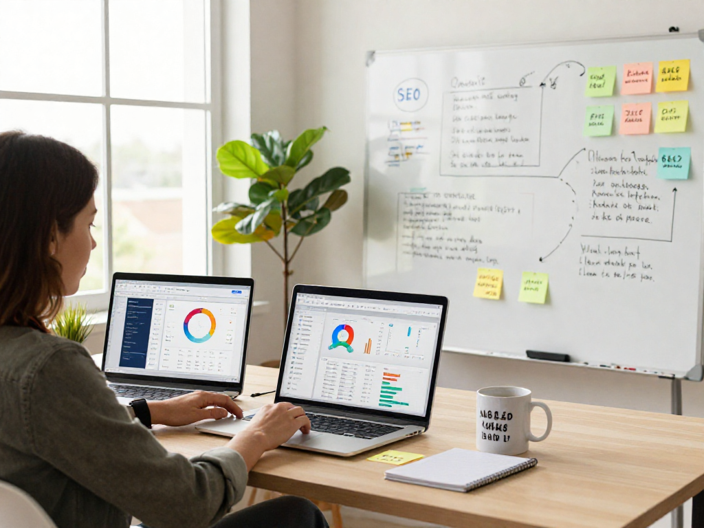 Dynamic workspace showcasing strategies for pbn links France, featuring analytics dashboards and brainstorming elements.