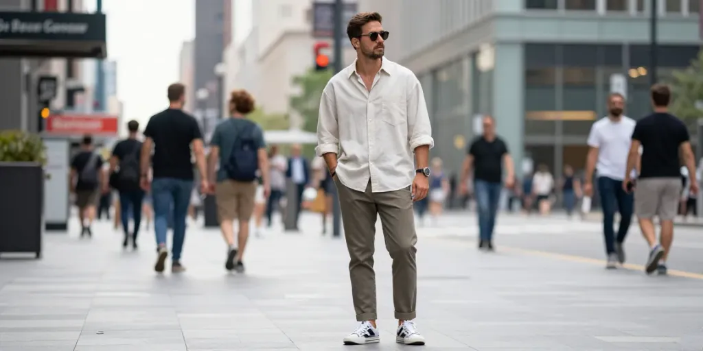 Man in casual heren kleding poseert op een drukke straat in de stad.