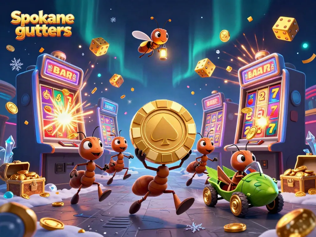 Spokane gutters graphic with ants carrying a golden poker chip amidst casino-themed excitement.