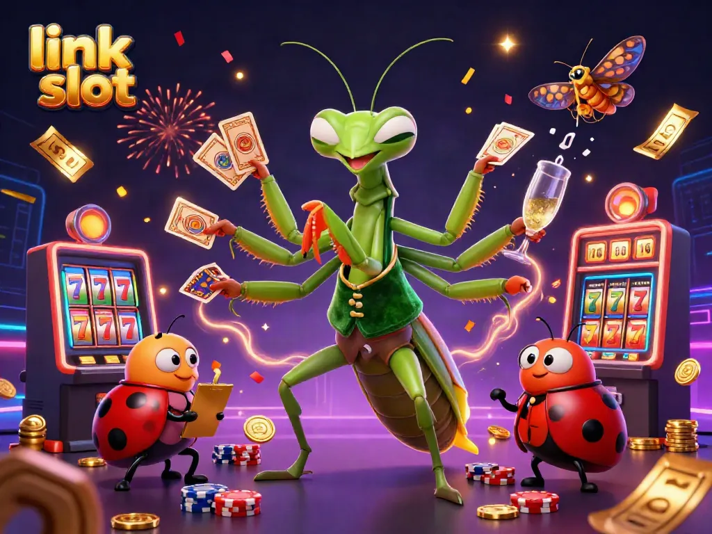 Experience the thrill of winning at link slot with a dynamic scene featuring slots, colorful visuals, and charming characters.
