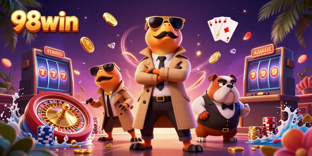 Experience immersive gaming with 98win’s vibrant casino scene featuring fun characters and golden winnings.