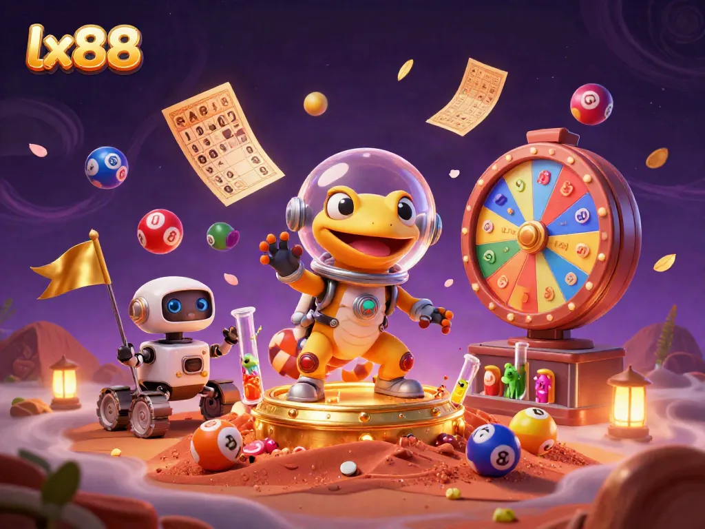 Experience exciting gaming at lx88 with a Martian gecko discovering a golden casino.