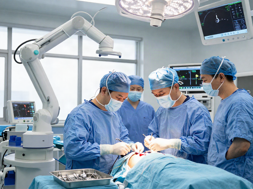 Thoracic surgery being performed in a modern operating room by skilled surgeons and medical team.