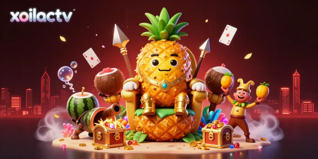 Xoilactv showcases a vibrant scene with a golden pineapple king and beach casino elements, emphasizing online sports engagement.