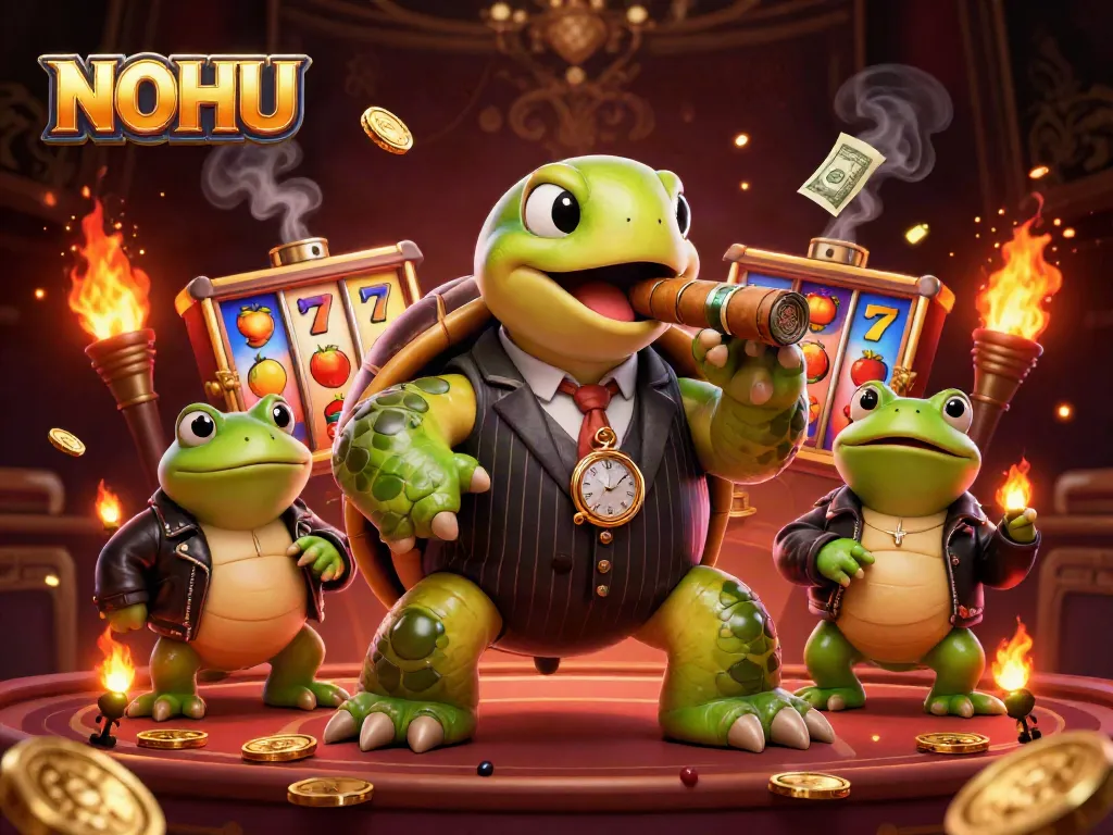 NOHU's thrilling online slots showcased with vibrant casino characters and gold coins.