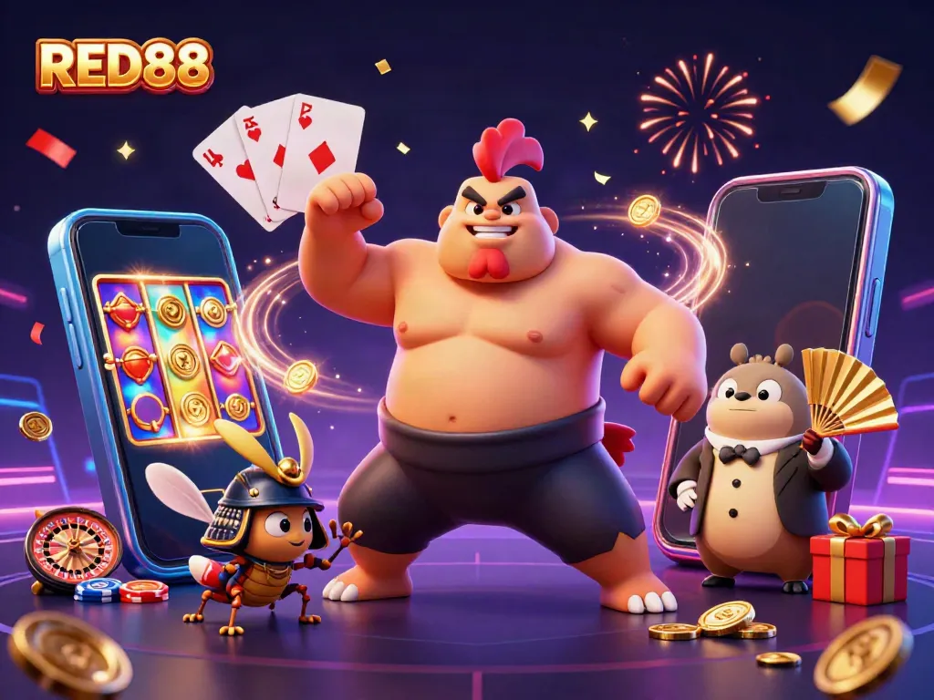 Engage in thrilling gameplay with RED88, featuring sumo rooster, samurai cricket, and casino elements.