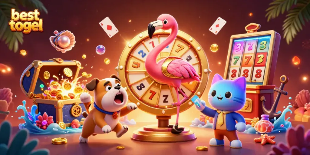Merayakan kesempatan menang di besttogel dengan flamingo pembawa acara berkilau dan bulldog antusias.