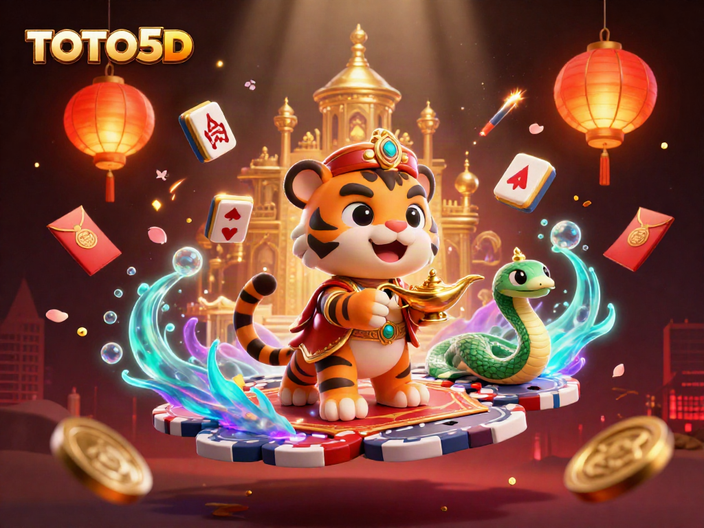 TOTO5D lottery excitement visualized with a magical sultan on a carpet of poker chips and celebrating wins.