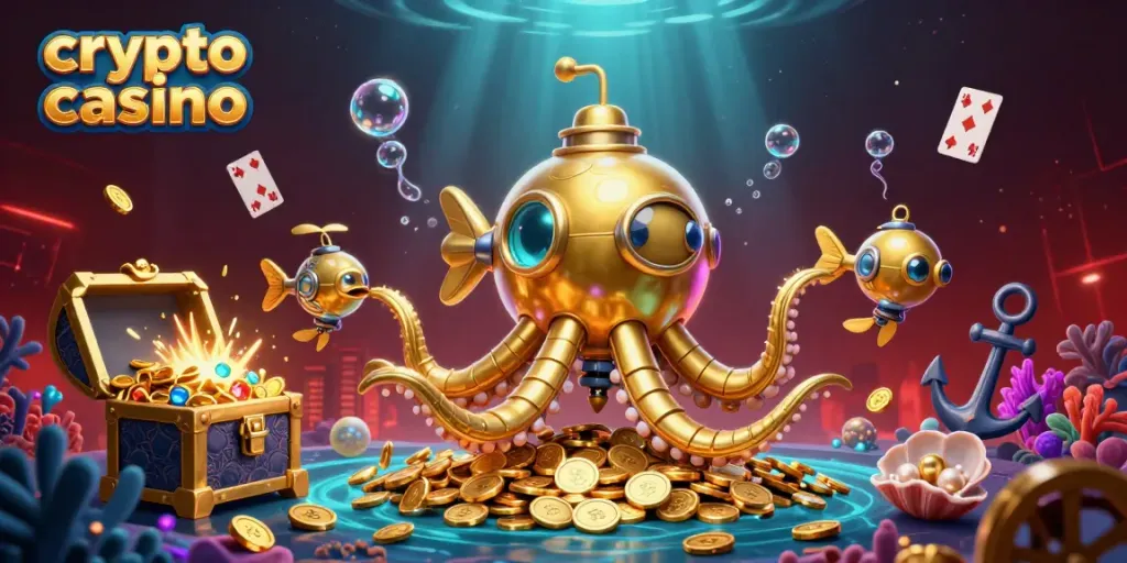 Experience the excitement of a crypto casino with vibrant underwater elements and golden treasures.