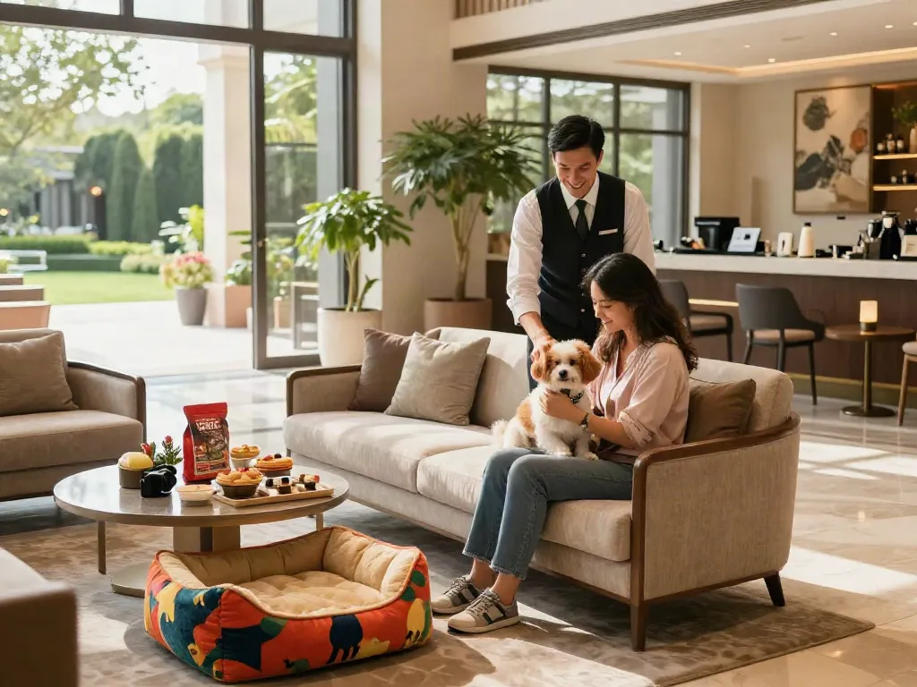 Pet-friendly luxury hotel showcasing hotel linen supplier’s quality bedding and decor.