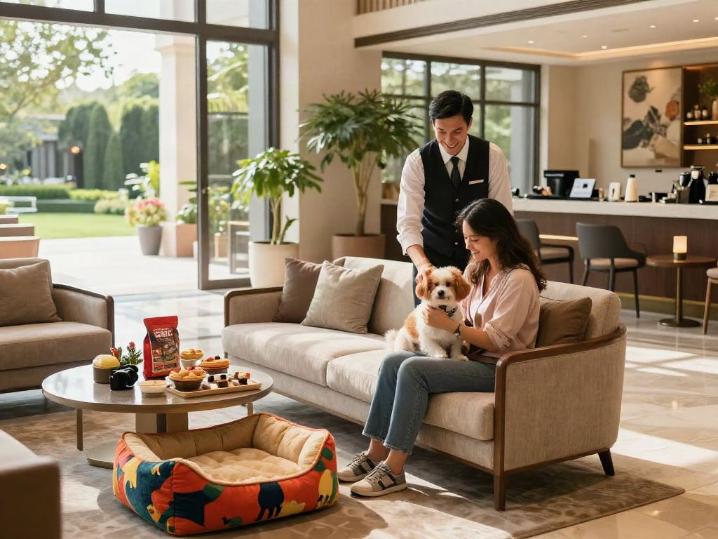 Pet-friendly luxury hotel showcasing hotel linen supplier’s quality bedding and decor.