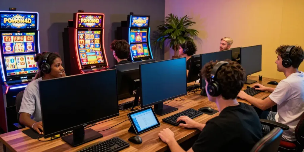 POHON4D - Pemain terlibat dalam permainan online dengan suasana meriah dan perangkat digital.