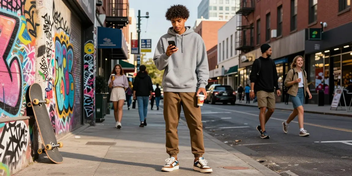 Young adult engaging with rokok88 in a vibrant urban street filled with colorful graffiti.