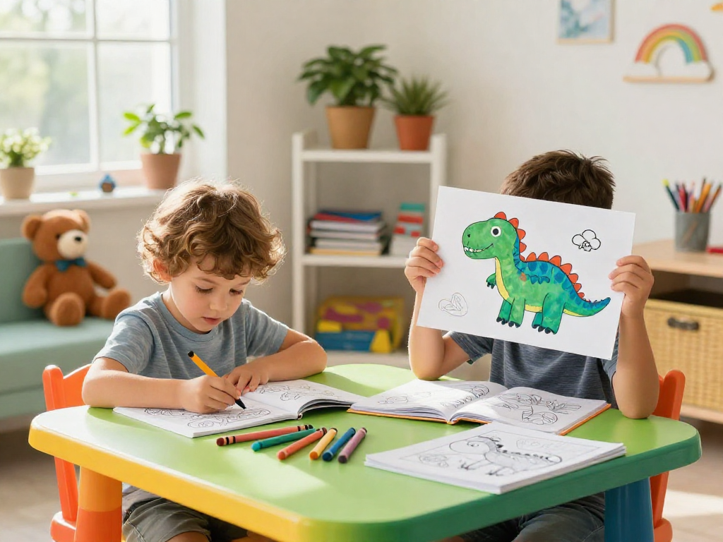 Kids engaged with coloring books at a vibrant playroom table